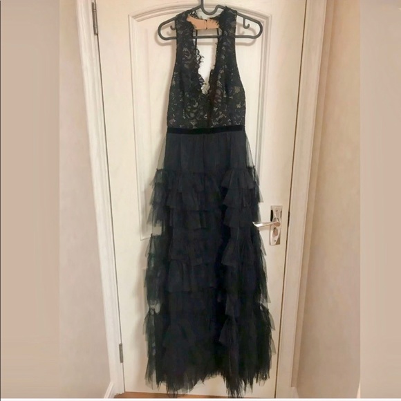 BCBG MAXAZRIA Ruffle Black Lace Tulle Evening Gown - Picture 5 of 8